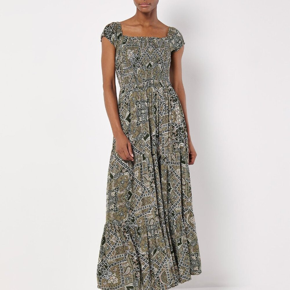 Scarf print dress with smocked bodice